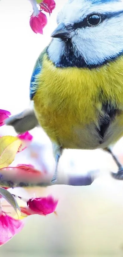 Vibrant yellow bird on a blooming branch with colorful petals.