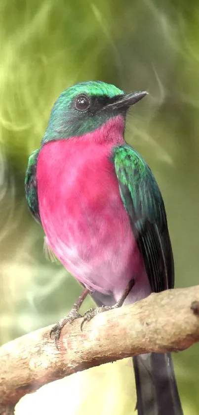 A vibrant pink and green bird perched on a branch against a blurred background.