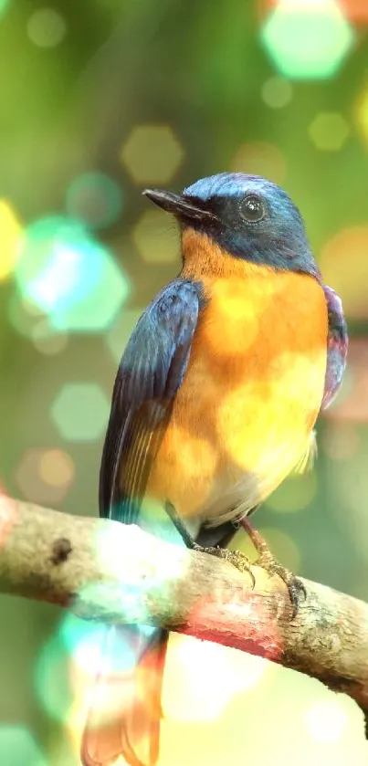 Bright orange bird on branch with colorful bokeh effects.