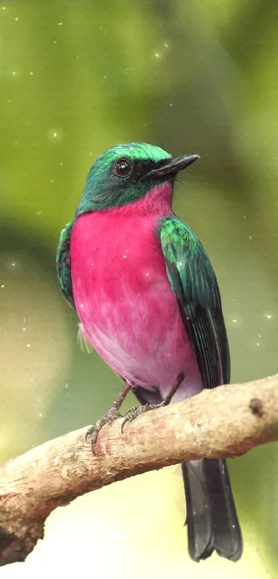 Colorful bird with pink and green feathers perched on a branch.