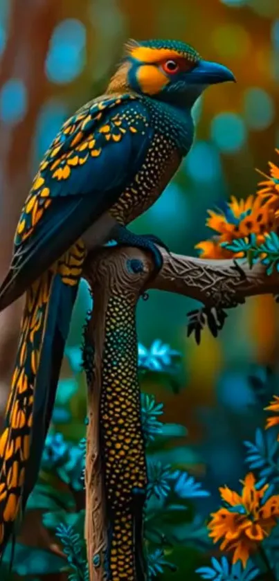 Artistic bird perched on branch with vivid colorful foliage.