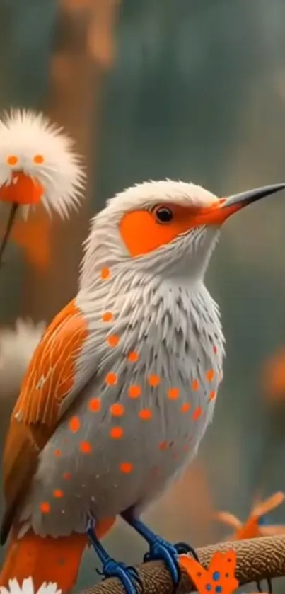 Vibrant orange and white bird on a branch in a nature scene wallpaper.