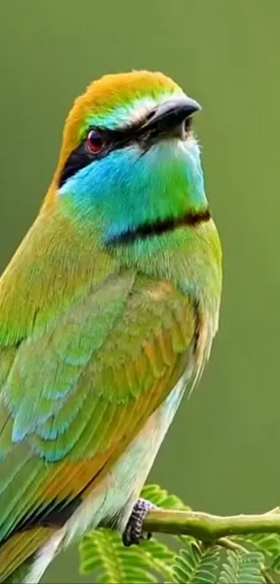 Vibrant multicolored bird perched on a branch against a green background.