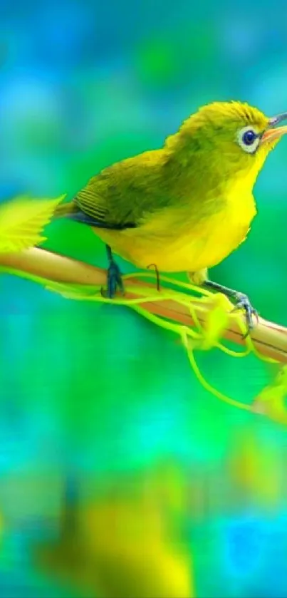 Green and yellow bird on a branch, vivid colors.