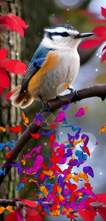 Vibrant bird perched on a branch with stunning red leaves in the background.