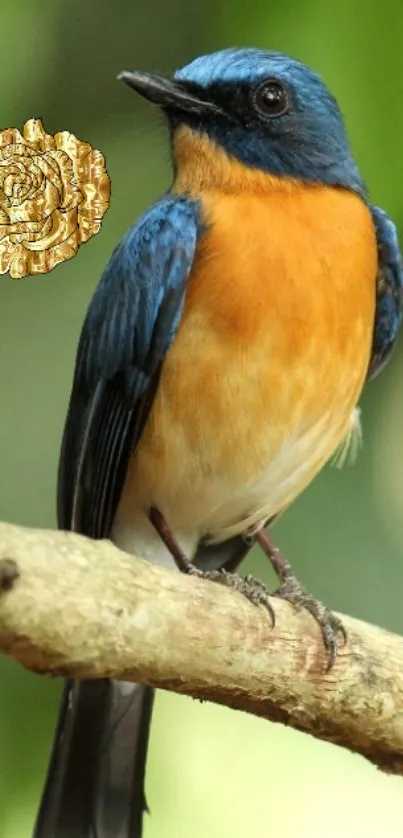 Colorful bird perched on a branch with green background.