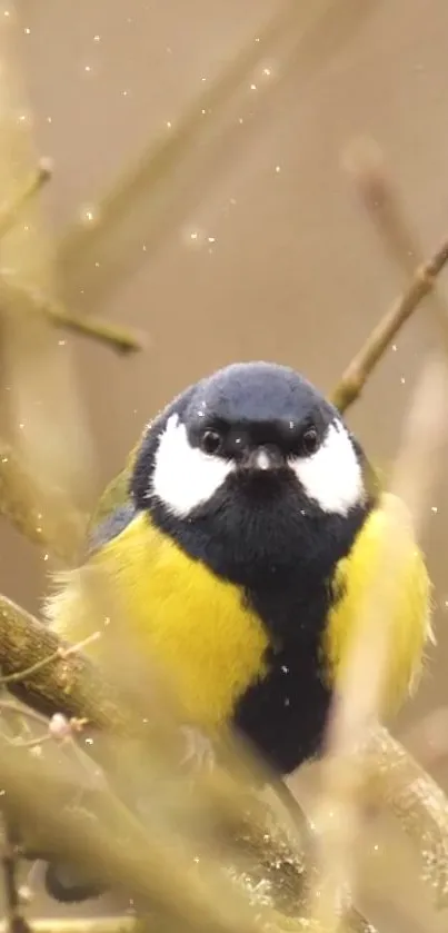 Colorful great tit bird perched on a branch, ideal for nature-themed wallpapers.