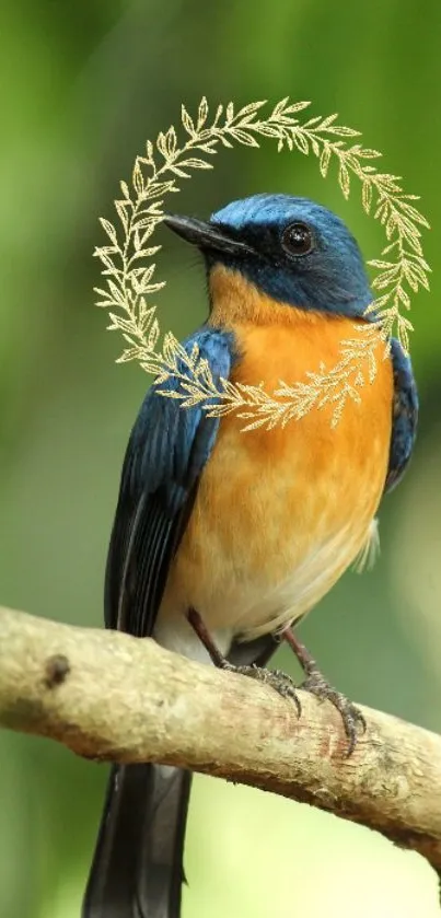 Colorful bird perched on a branch with green background.