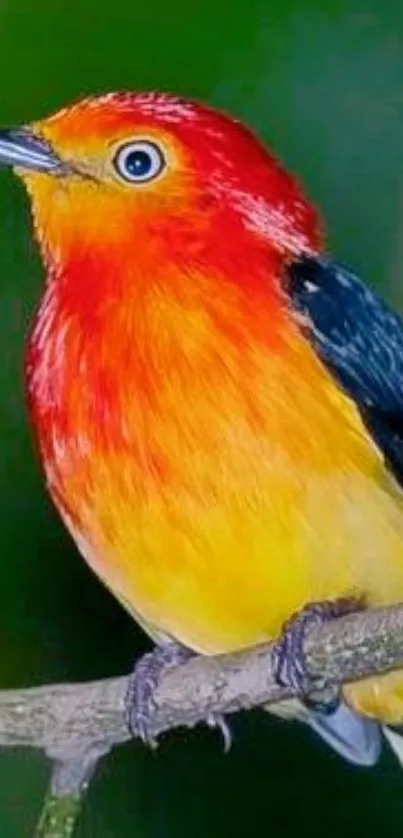 Vibrant red and yellow bird on a branch against a green backdrop.