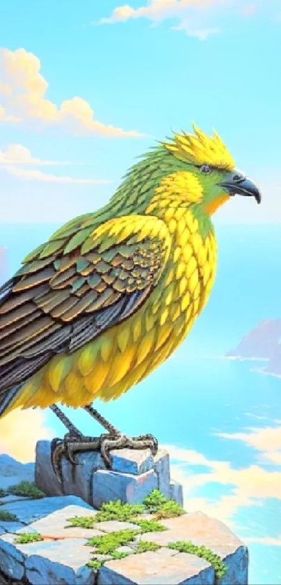 Mythical bird with vibrant plumage on a coastal cliff under a blue sky.