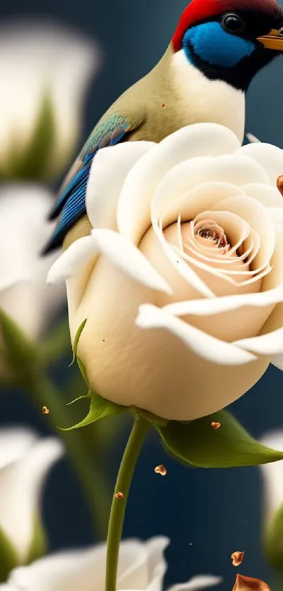 Bright bird perched on a cream rose.