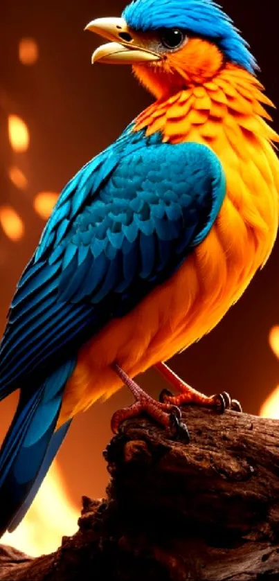 Colorful bird with blue and orange feathers on a fiery background wallpaper.