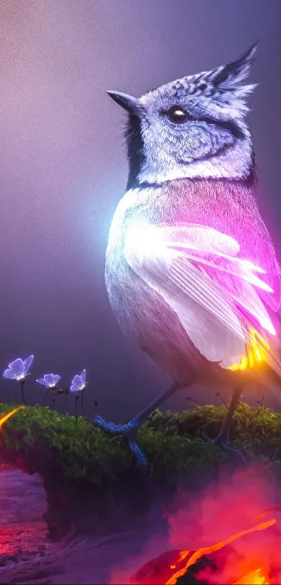 A vibrant bird with glowing wings on a fiery landscape.