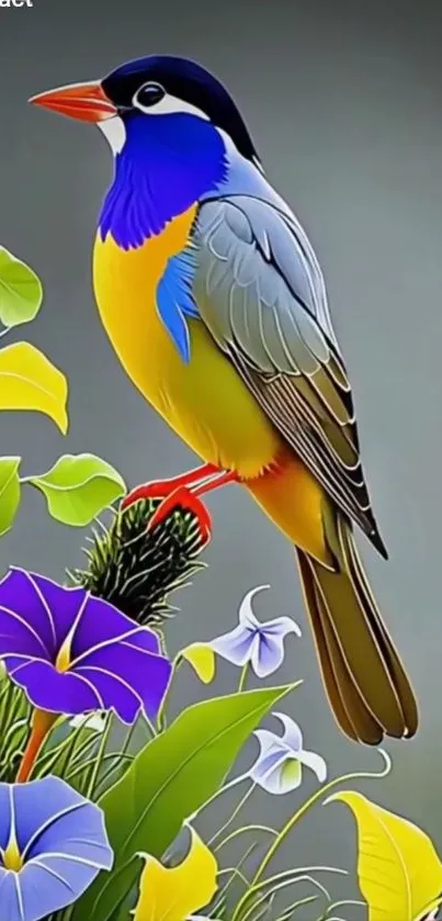 Vibrant bird on a colorful floral branch with artistic design.