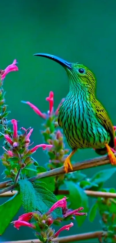 Colorful bird perched on a floral branch.