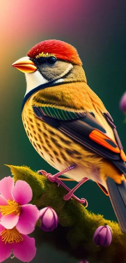 Colorful bird sitting on a branch with vibrant flowers.