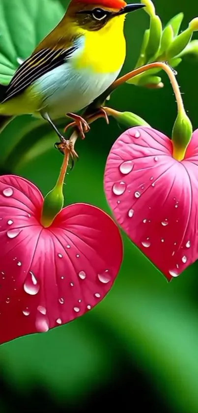 Colorful bird on red heart-shaped leaves with dew.