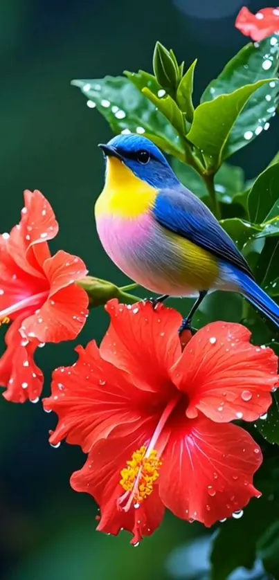 Colorful bird perched on red hibiscus flowers.