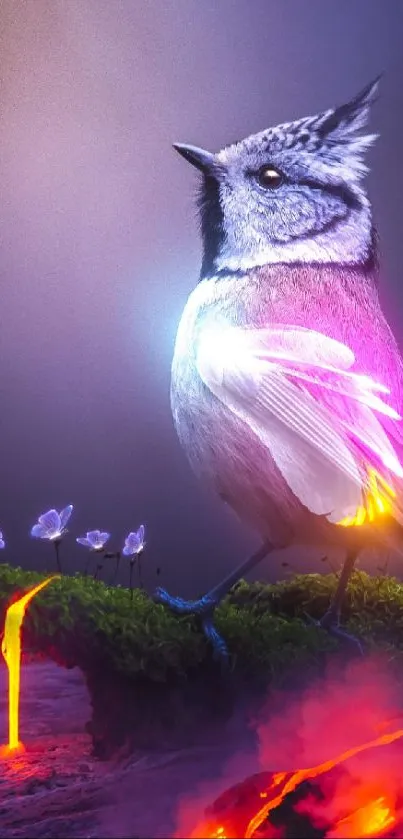 A colorful bird perched on a lava-covered cliff with glowing flowers.