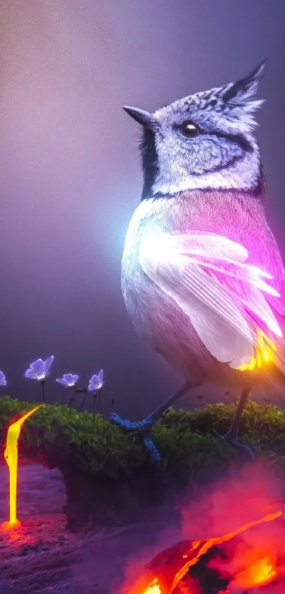 Bird on glowing lava path with purple and fiery highlights.