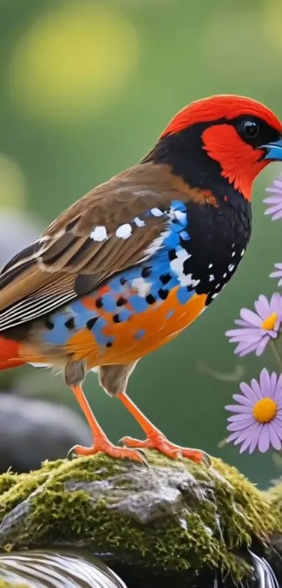 Colorful bird with flowers on mossy rock.