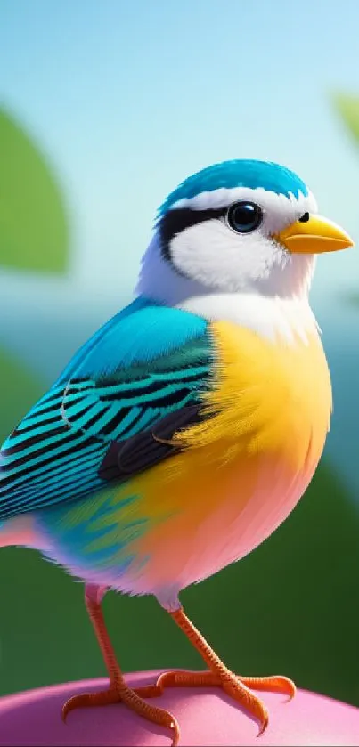 Colorful bird perched on a pink sphere with a blue background.