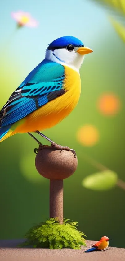 Colorful blue and yellow bird resting on a perch in a natural setting.