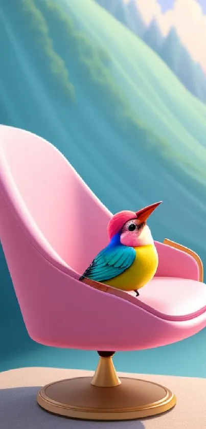 A colorful bird sits on a stylish pink chair with mountain scenery in the background.