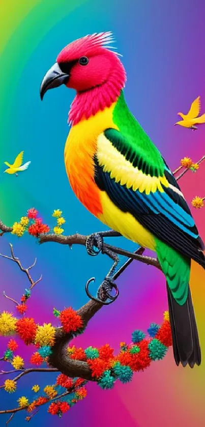 Vibrant colorful bird on a rainbow branch background.