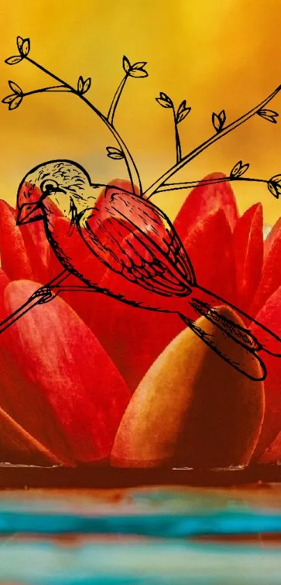 Illustrated red bird perched on vibrant red lotus on water.