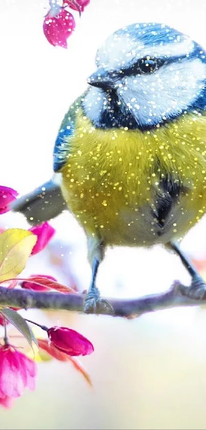 Colorful bird perched among vibrant spring blossoms.