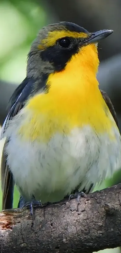 Vibrant yellow-chested bird on a branch in sunlight.