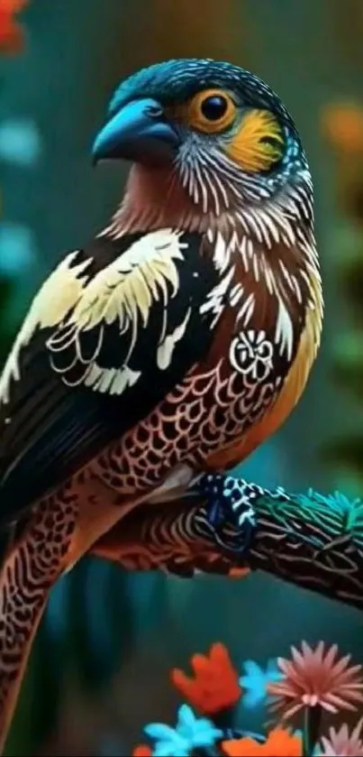 Vibrant bird sitting on a tropical branch with colorful flowers.