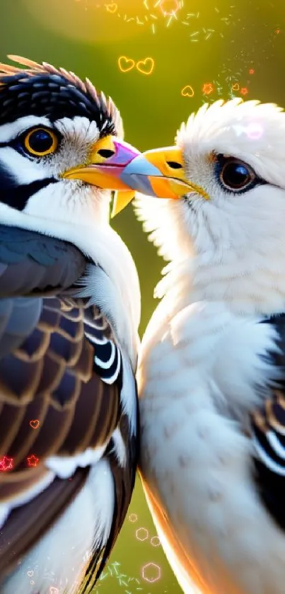 Two vibrant birds with detailed plumage against a warm yellow background.