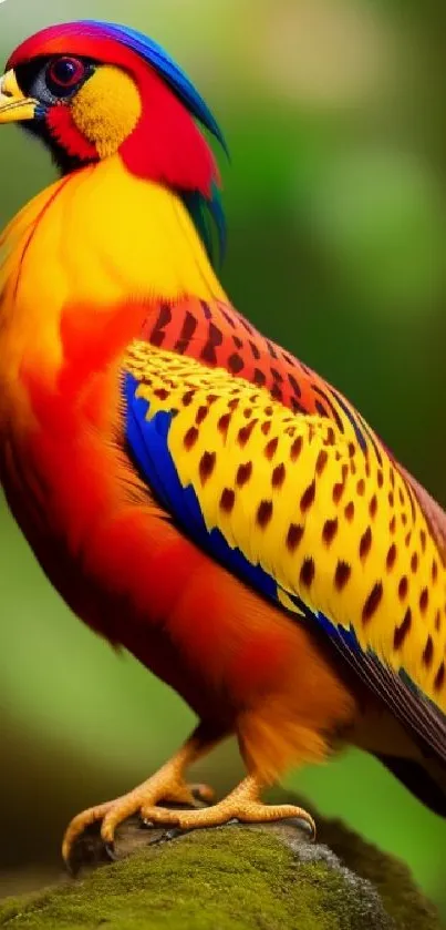 Colorful pheasant with vibrant feathers on a lush green background.