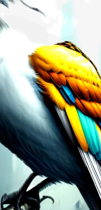 Vibrant bird with colorful blue, orange, and yellow feathers on wallpaper.