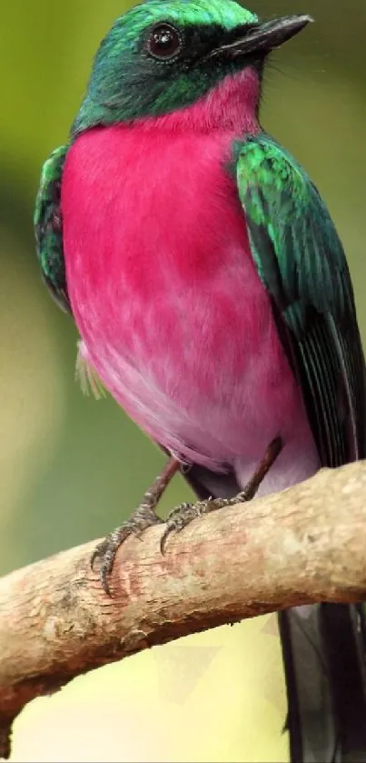 Colorful bird perched on branch with green background.