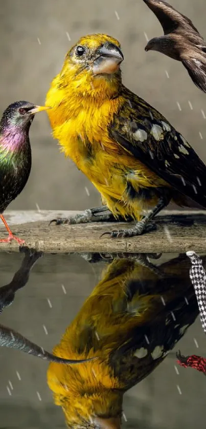 Vibrant yellow bird reflecting in water with other birds, creating artistic wallpaper.