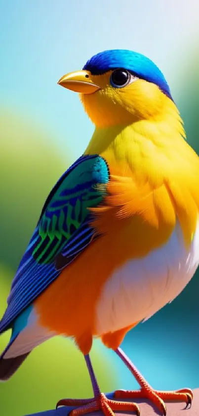 A vibrant yellow and blue bird perched on a branch.