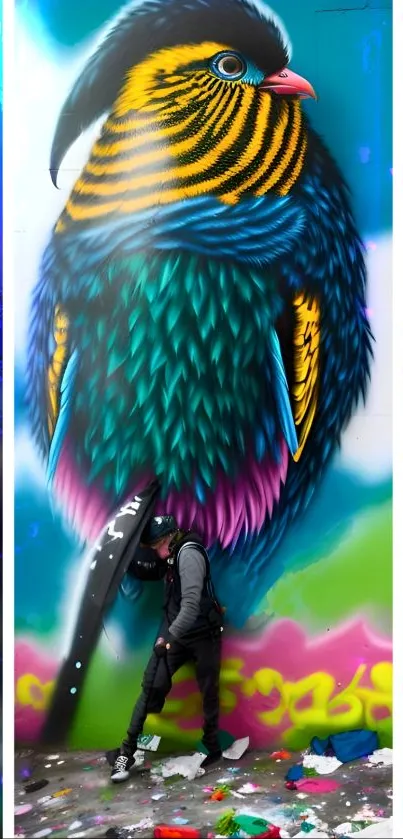 Vibrant street art with colorful bird mural.