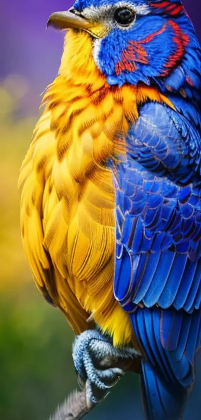 Blue and yellow vibrant bird perched with colorful plumage.