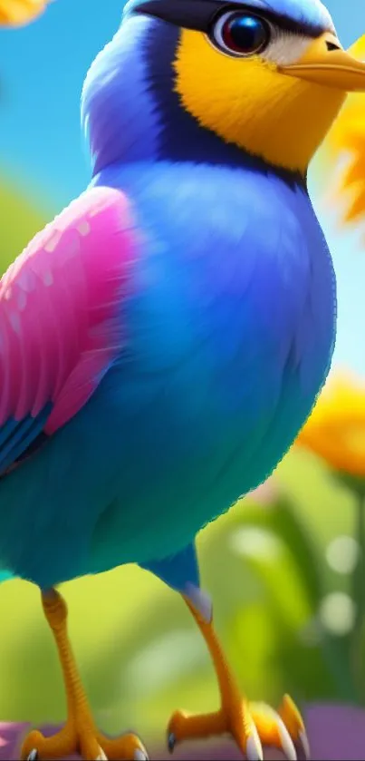 Vibrant blue bird with pink wings on floral background wallpaper.