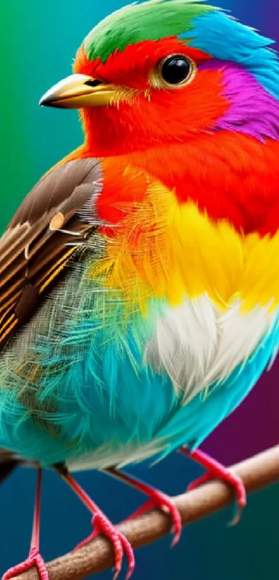 Vibrant bird with colorful feathers on a branch with rainbow background.