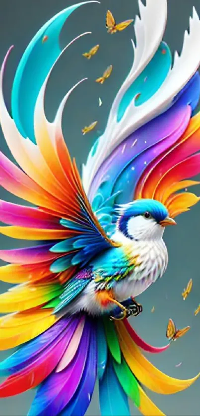 Colorful bird with vibrant feathers and butterflies in a vivid phone wallpaper.