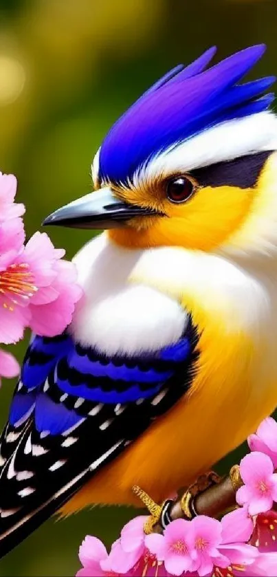 A vibrant blue and yellow bird perched among pink blossoms.