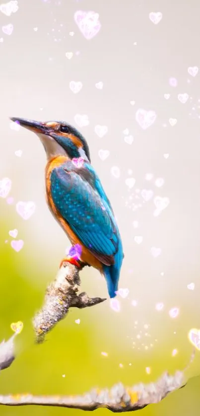 Vibrant bird on branch with glowing hearts.