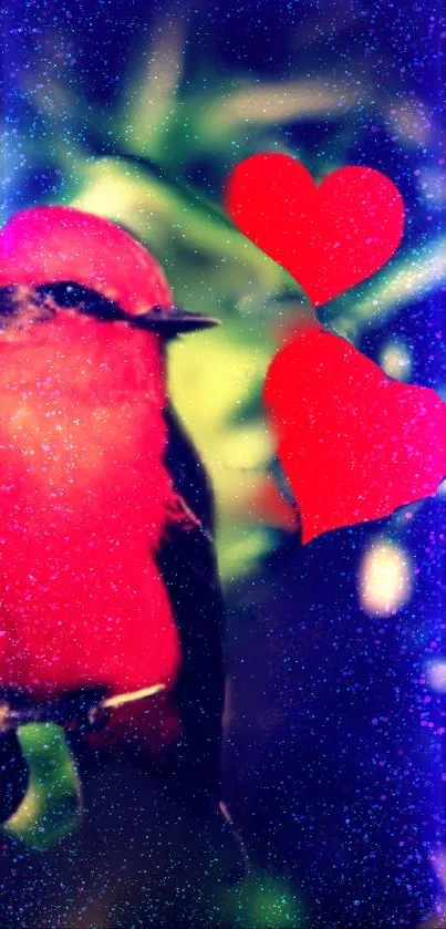 Vibrant red bird with hearts on colorful background.