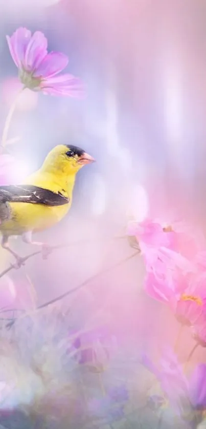 A colorful bird sits among soft pink flowers, creating a serene mobile wallpaper.