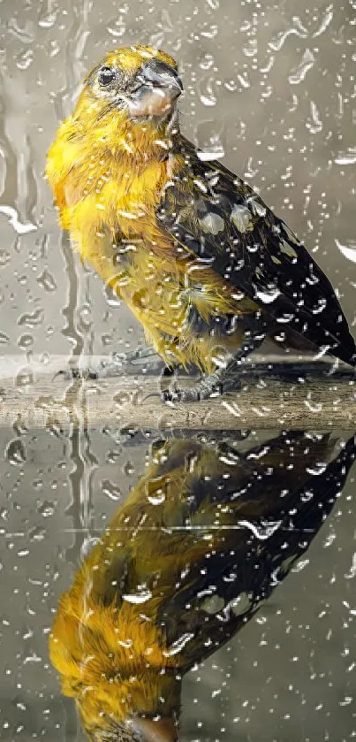 Yellow bird with raindrops reflection for mobile wallpaper.