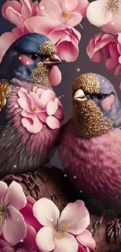 Two colorful birds among pink blossoms.